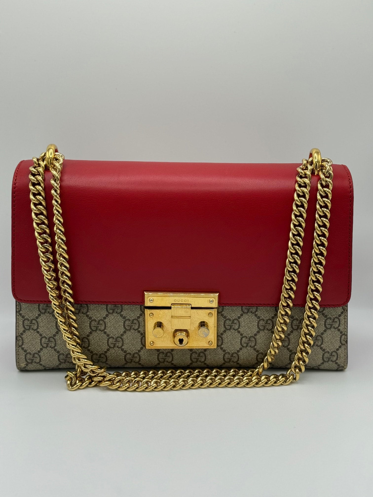 Gucci Red GG Supreme Coated Canvas Padlock Medium Shoulder Bag | Designerfindsforless